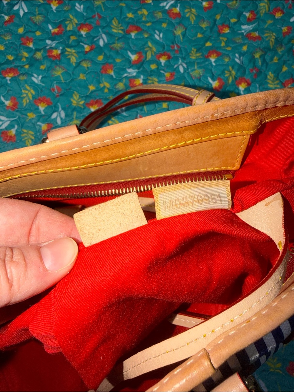 Dooney & Bourke Navy and White Stripe Tote with Tan Trim - Picture 4 of 16